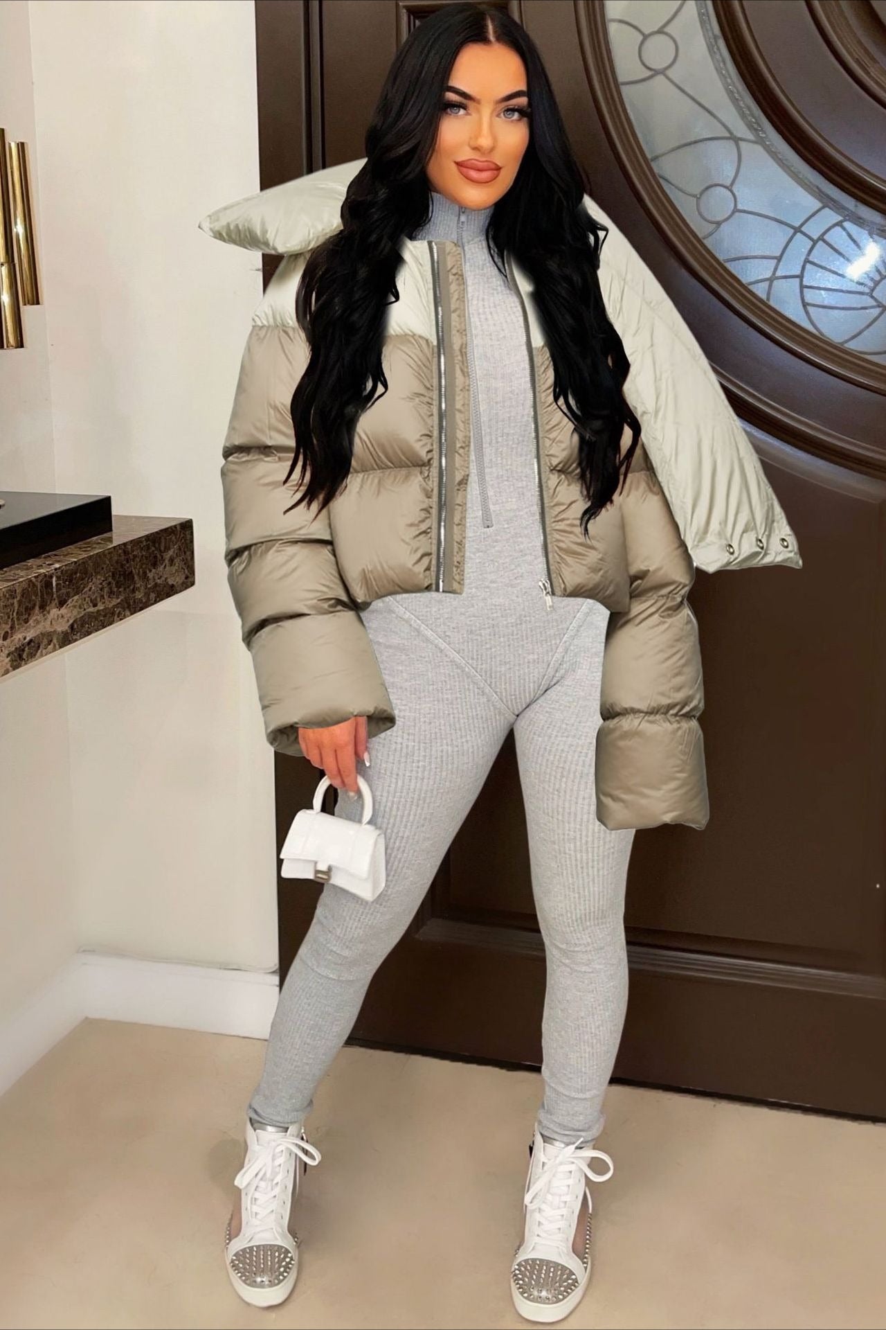 High Neck Scarf Collar Quilted Puffer Jacket S / Khaki