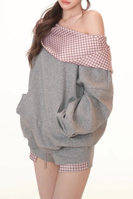 Cute Plaid PatchworkOff-the-shoulder Oversized Two Piece Set