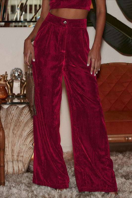 Suede Relaxed Button Straight Wide Leg Pants