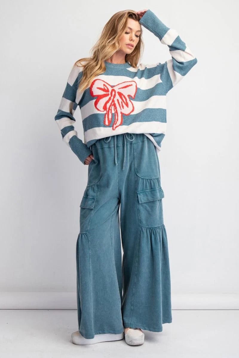 Bow Detail Jacquard Crewneck Long Sleeve Sweater