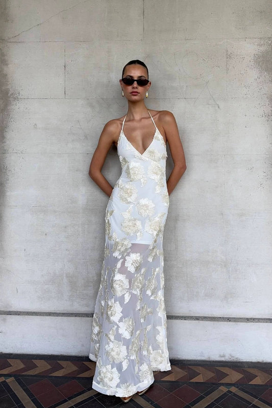 Floral Applique Halter Sheer Hem Maxi Dress