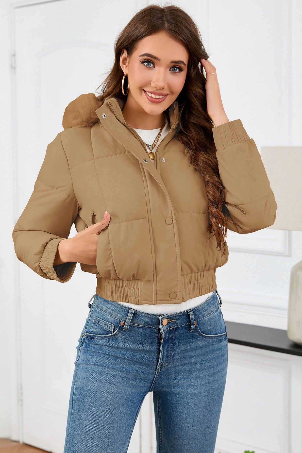 Short High Waist Faux Fur Hood Puffer Jacket S / Brown