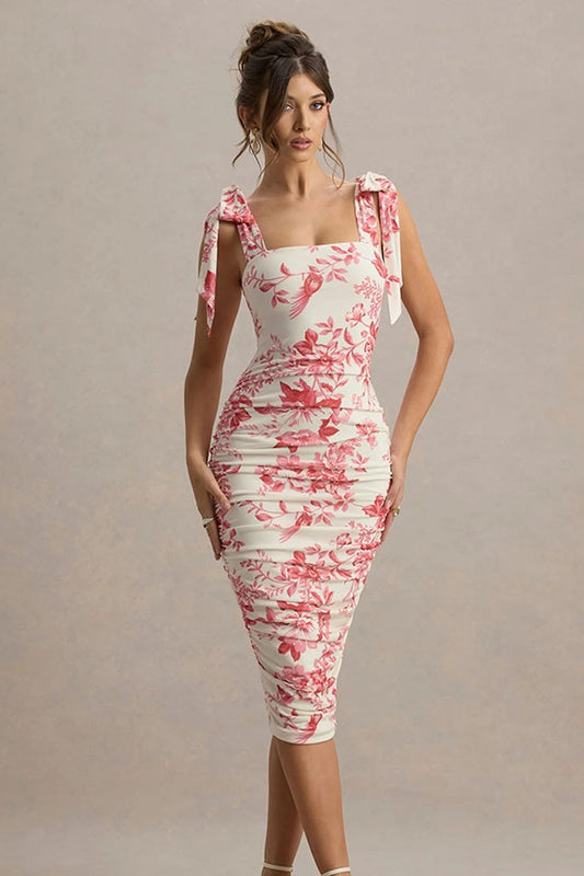 Robe longue froncée à imprimé floral vintage