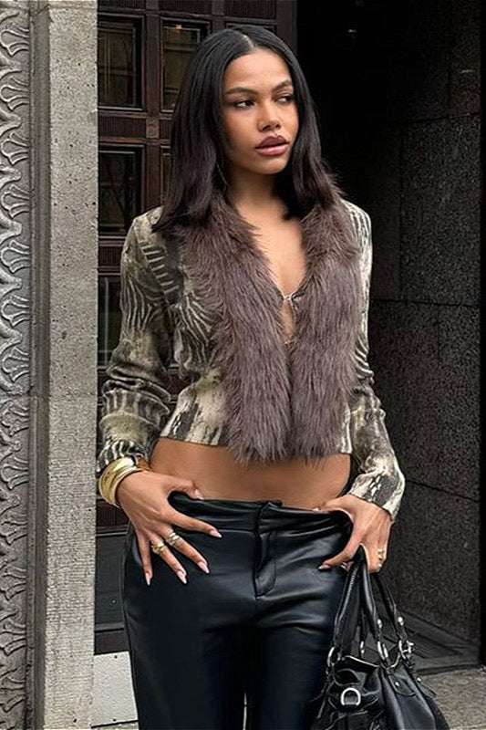 Retro Trendy Y2K Fuzzy Paneled Versatile Knit Cardigan