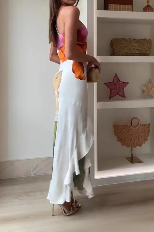 Robe longue fluide à bretelles et volants à une épaule