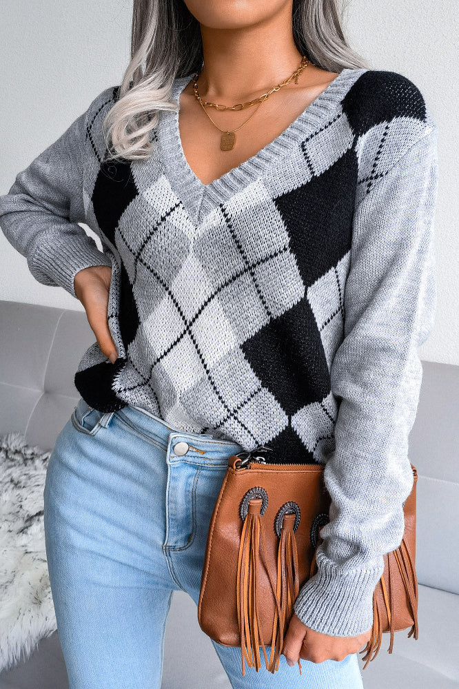 Argyle V Neck Knit Pullover Sweater