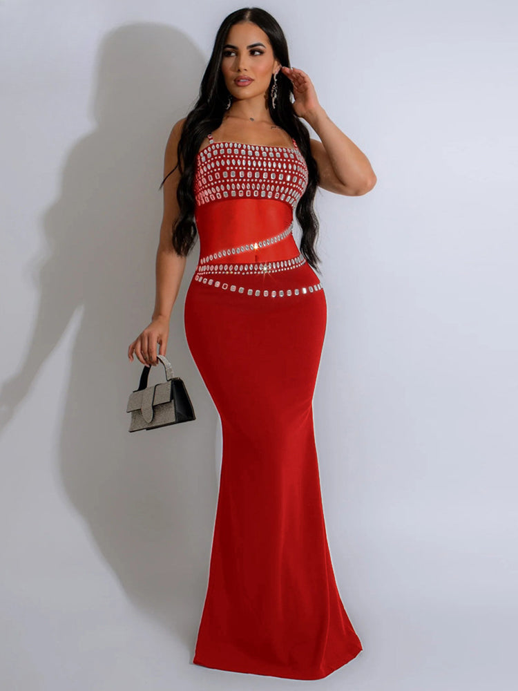 Elegant Mesh See Through Rhinestones Strap Sleeveless Red Christmas Party Dress Red / S Dresses-L