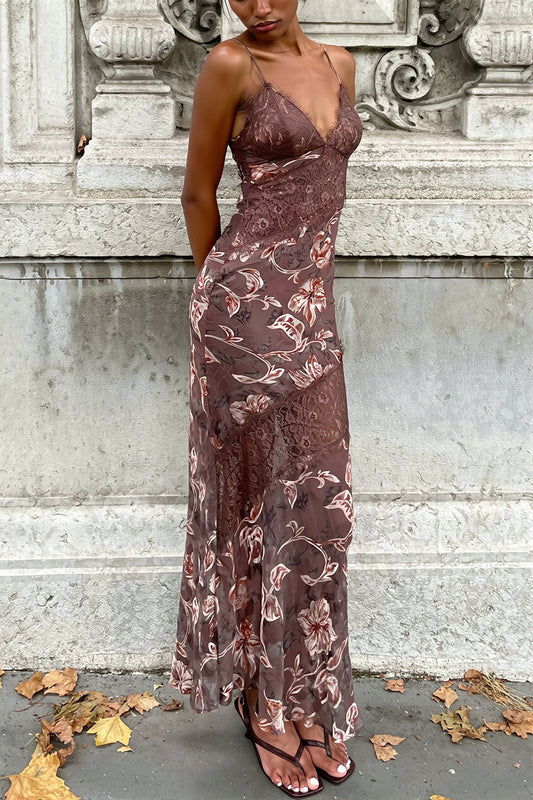 Floral Lace Trim Cami Bodycon Maxi Dress