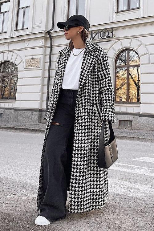 Houndstooth Long Trench Coat Chic Elegant Overcoat