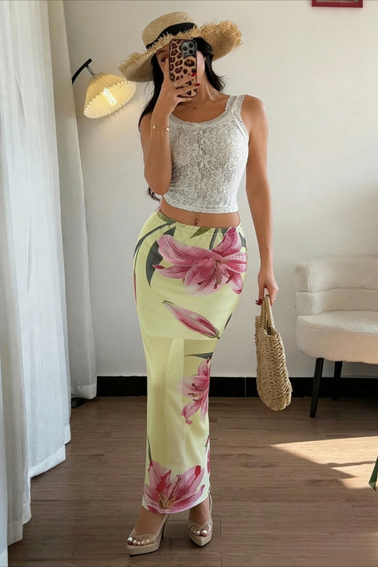 Yellow Green Floral Print Mesh Mermaid Skirt