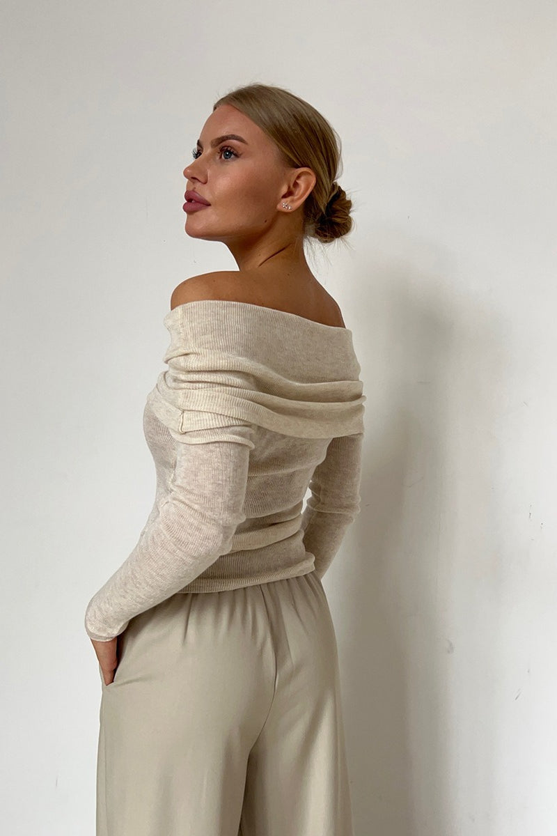 Sheer Off-Shoulder Fitted Solid Pullover Knit Top