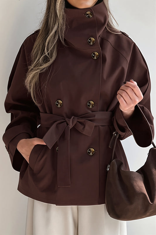 Shoulder Tie High Neck Belted Trench Coat