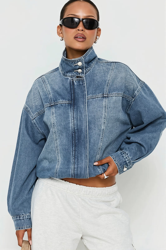 Cropped High Neck Denim Jacket