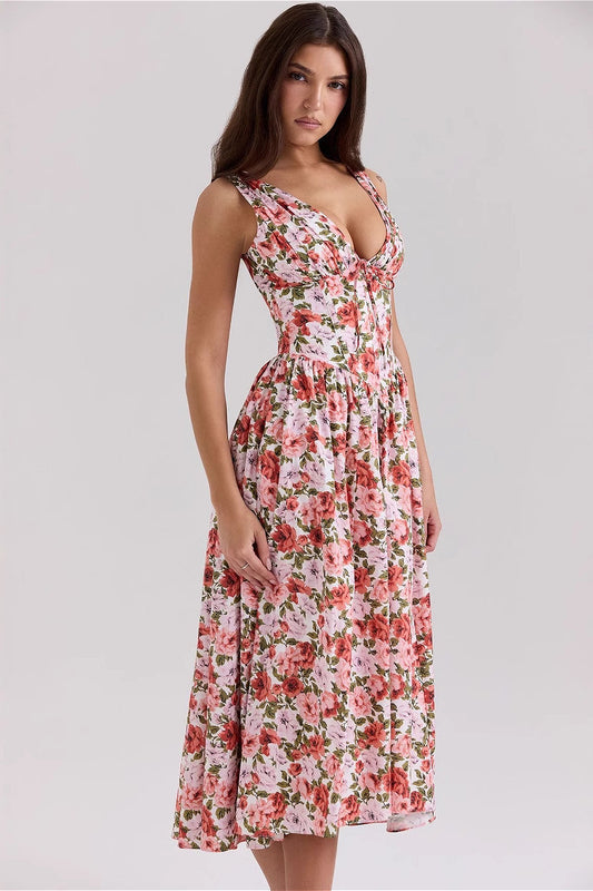 Slim V Neck Spaghetti Strap Floral Dress