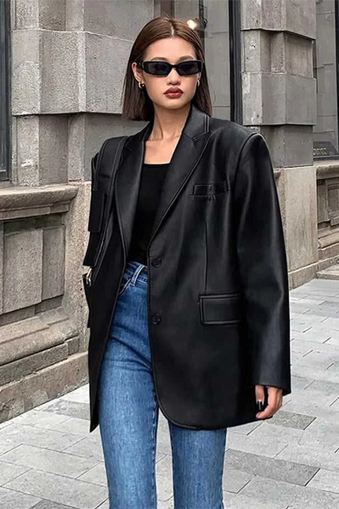 Black PU Leather Blazer Jacket coats