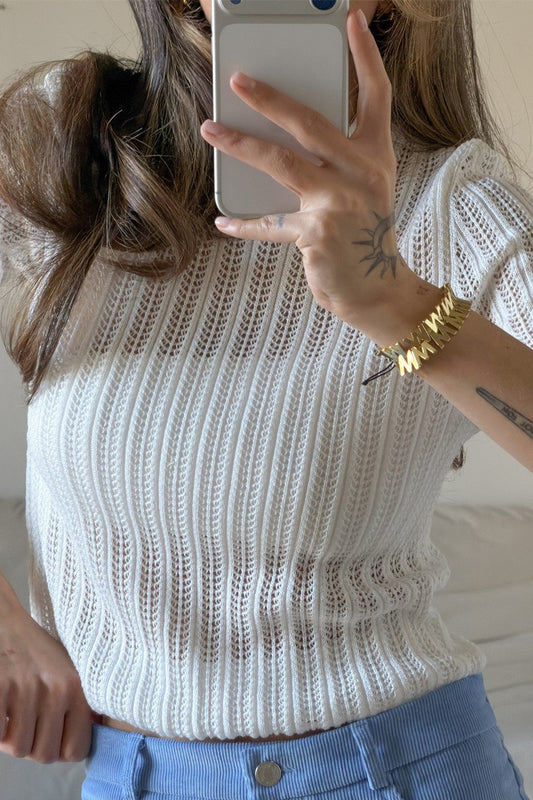 Openwork Short Sleeve Crew Neck Sweater
