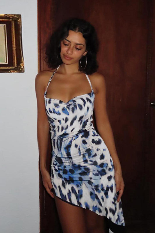 Robe midi moulante asymétrique à imprimé léopard et dos nu