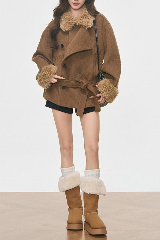 Vintage Fur Collar Fur Cuffs Short Woolen Coat