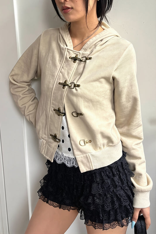 Metal Buckle Hook Front Cropped Hoodie