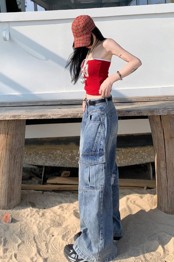 Denim Diagonal Split Wide Leg Cargo Pants