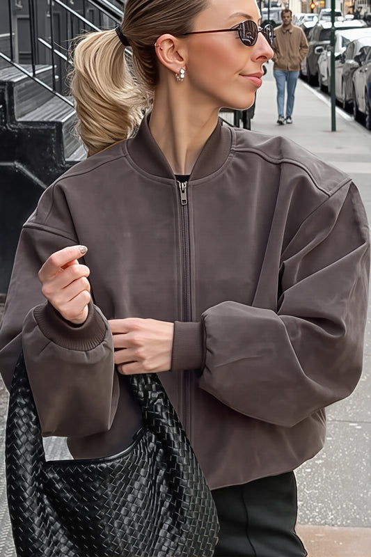 Suede Zip Front Balloon Sleeve Jacket