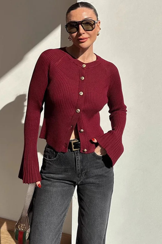 Solid Rib Knit Slim Cardigan Wine Red / S