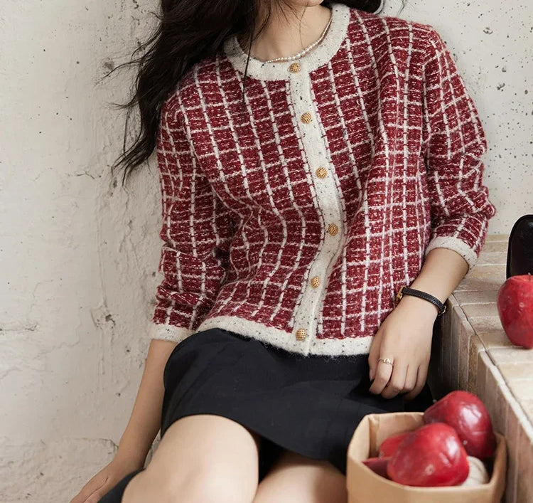 Plaid Tweed Retro Red O-Neck Cardigan / One Size Cardigan-241208