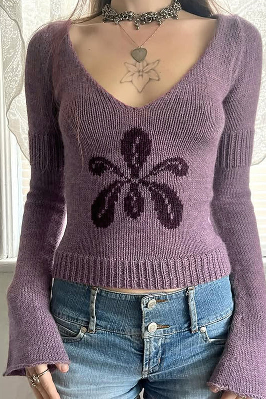 V Neck Floral Jacquard Sweater Purple / S