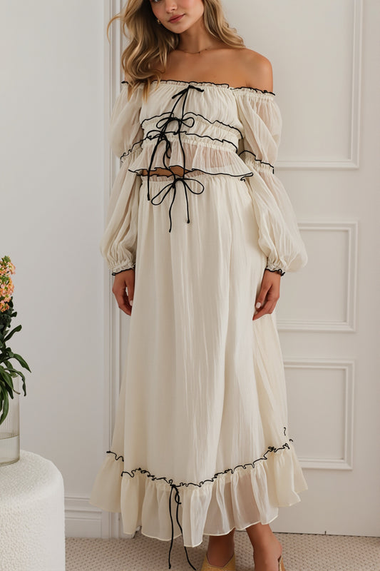 Apricot Off Shoulder Puff Sleeve Skirt Set