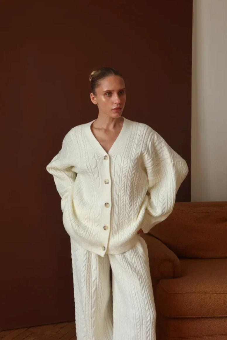 Elegant V-Neck Cable Knit Top Tank Pants Three Piece Set