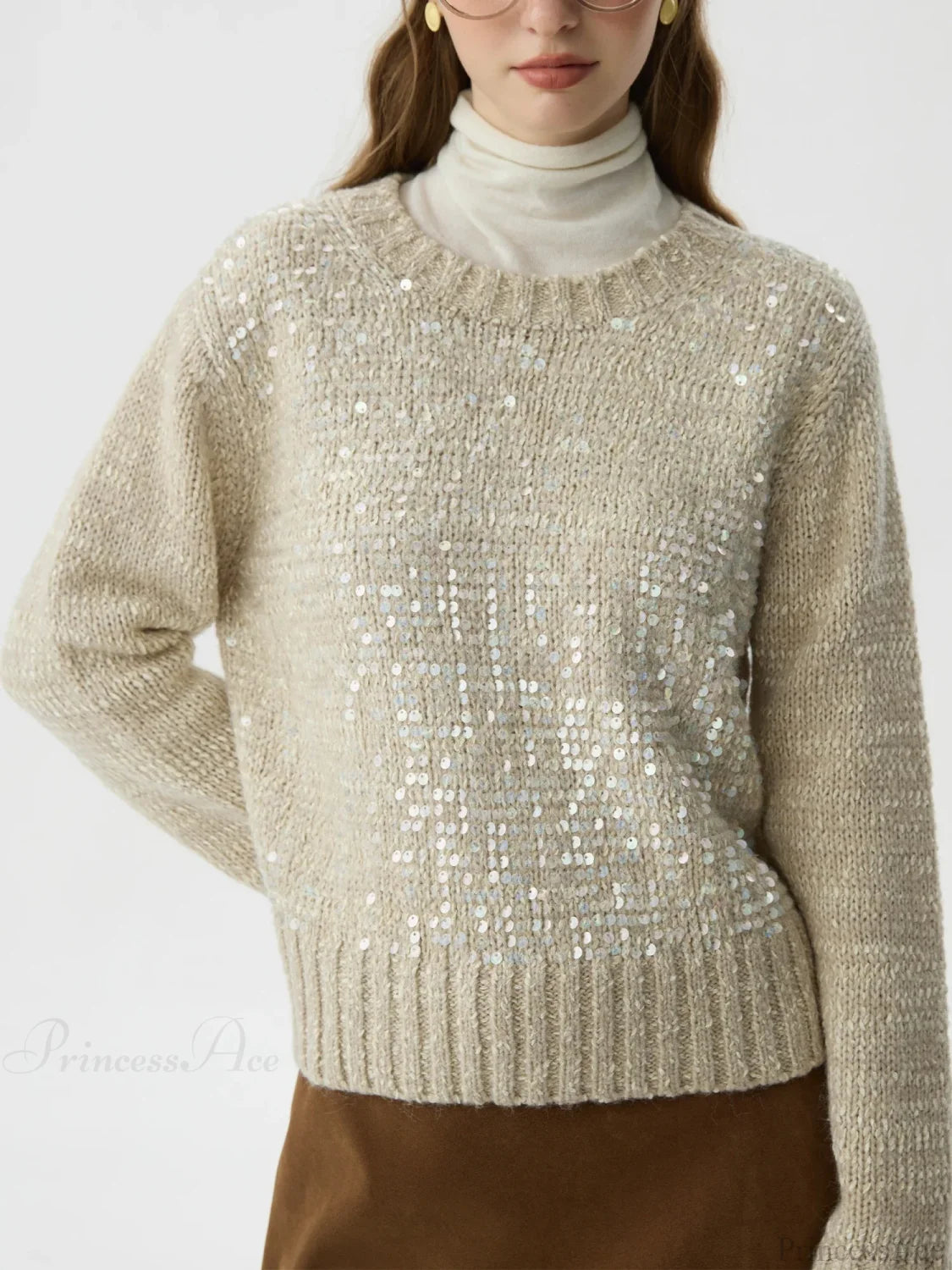 5.9% Sheep Wool Sequined Long Sleeve Sweater Khaki / XS