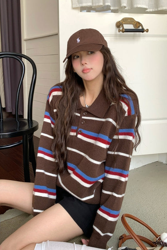 Stripe Polo Collar Relaxed Sweater