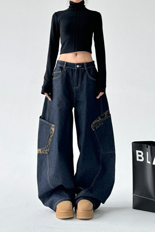 Leopard Spliced Vintage Wide Leg Jeans Black / S