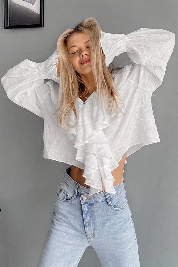 Cotton Ruffled V Neck Pullover Blouse White / S