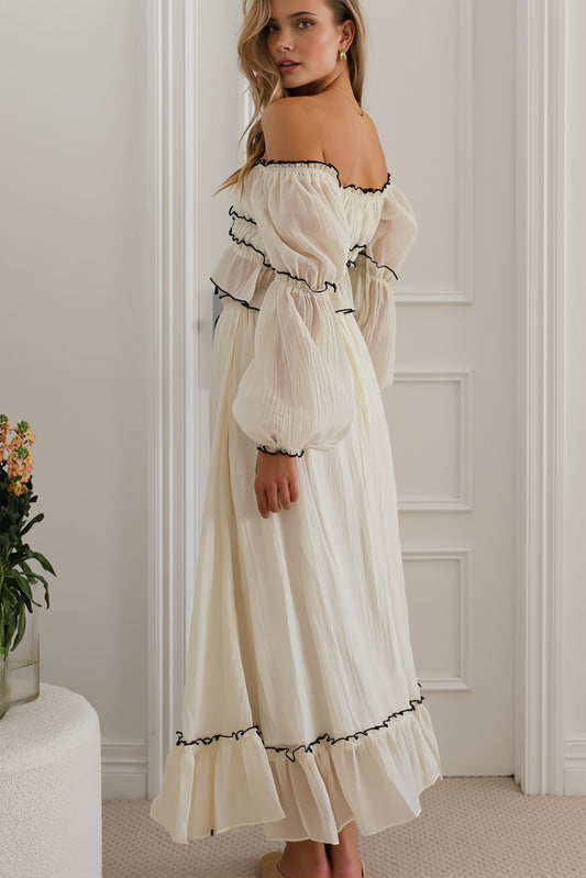 Apricot Off Shoulder Puff Sleeve Skirt Set