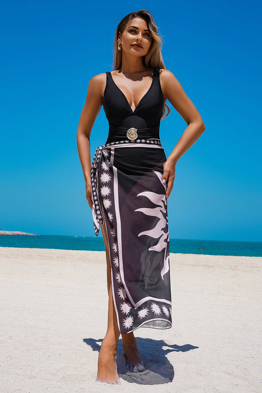 Maillot de bain imprimé avec jupe portefeuille, ensemble de bain trois pièces