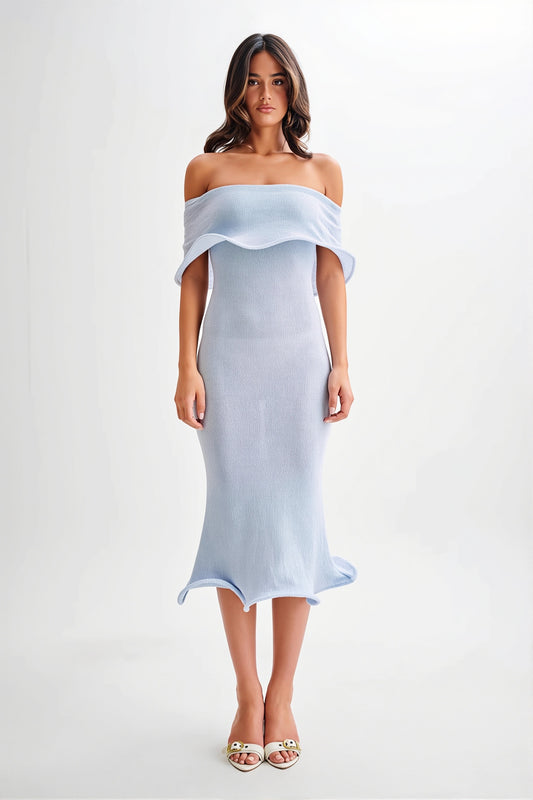 Ruffle Off Shoulder Knit Midi Dress