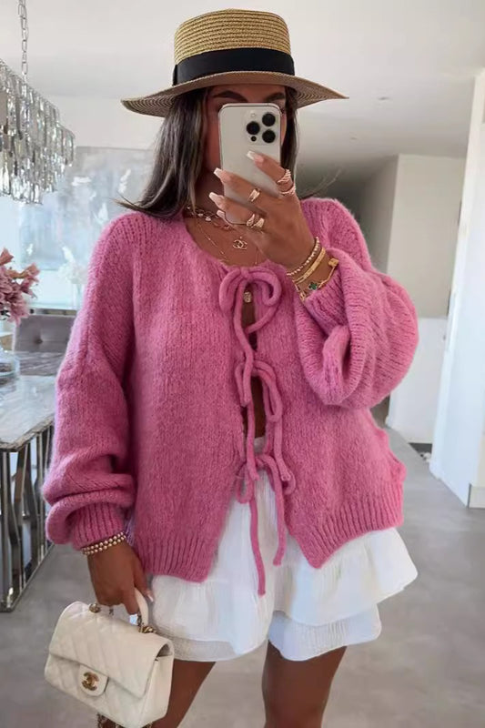 Bow Tie Front Crew Neck Knit Casual Cardigan
