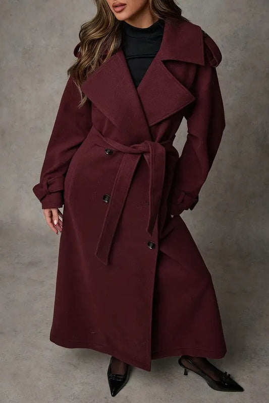 Wool Double Breasted Lapel Tie Long  Overcoat