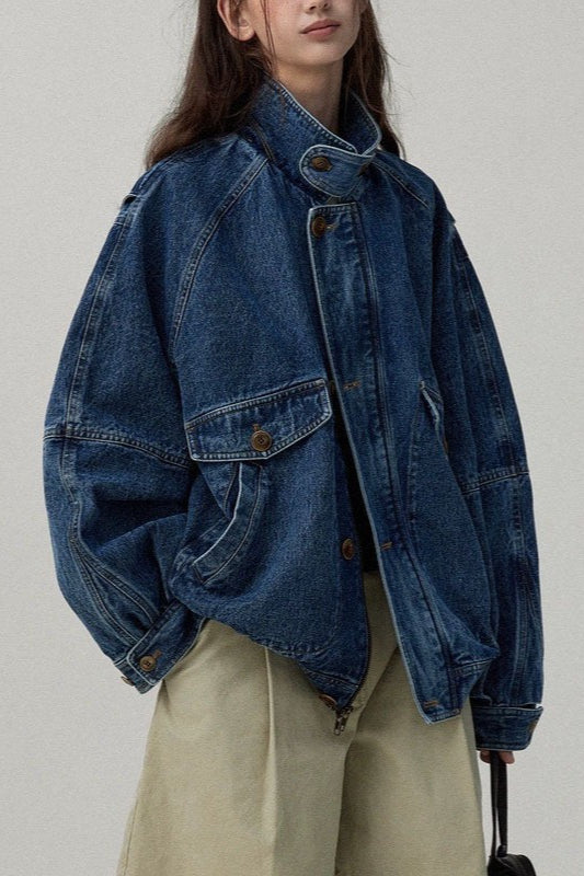 Stand Collar Washed Denim Utility Jacket