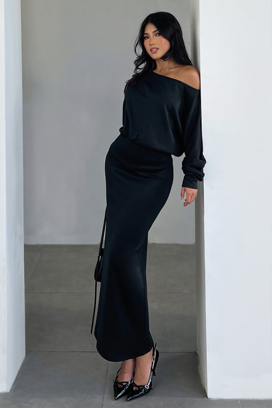 One Shoulder Ruched Long Sleeve Maxi Dress