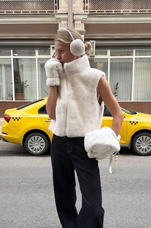 Solid Color Faux Fur Stand Collar Vest
