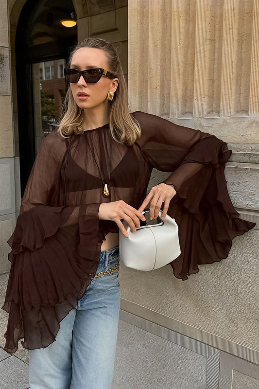 Loose Fit Ruffled Chiffon Round Neck Blouse
