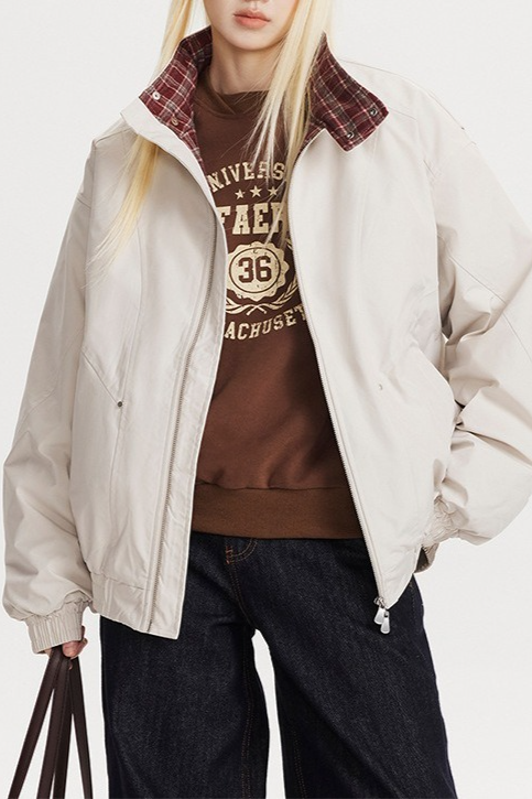 Vintage Plaid Paneled Stand Collar Loose Warm Outerwear