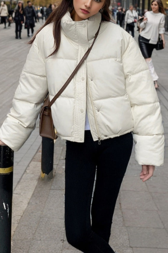 Cropped Faux Leather Insulated Puffer Jacket