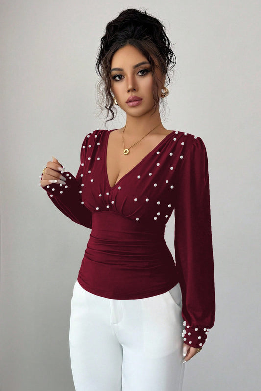 Pearl Accent Solid V-Neck Ruched Waist Sexy Long Sleeve Tee