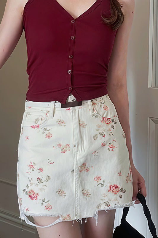Vintage Floral Denim High Waist Bodycon Mini Skirt