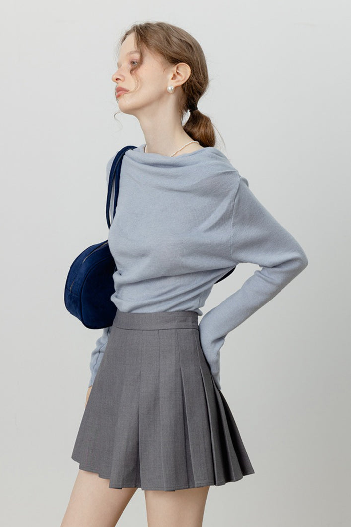 Off-Shoulder Draped Collar Waist-Cinched Knit Top