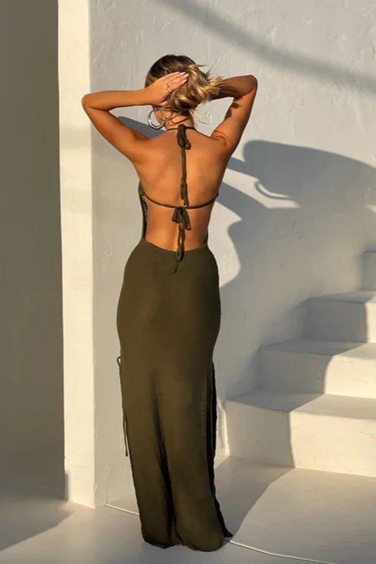 Robe de soirée moulante élégante et sexy en tricot dos nu avec lien à nouer 