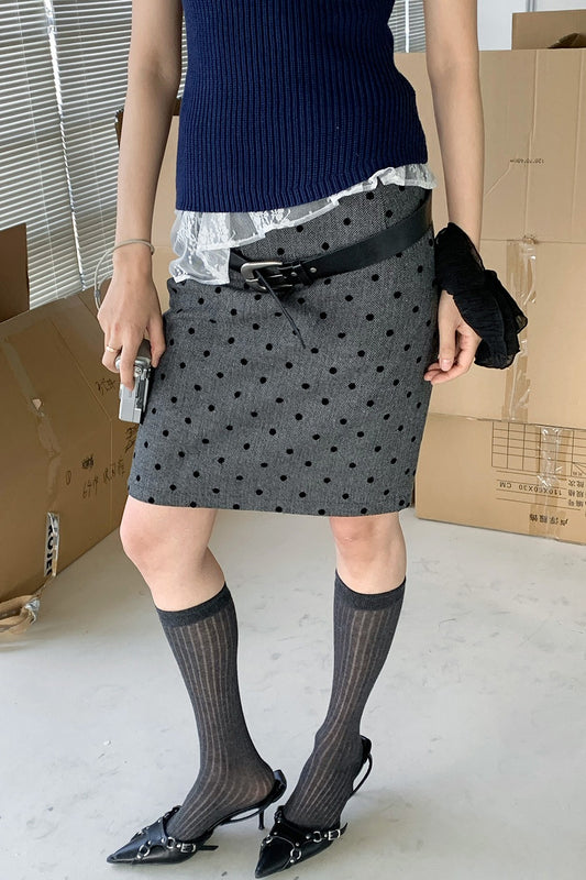 High Waist Flocked Polka Dot Bodycon Midi Skirt